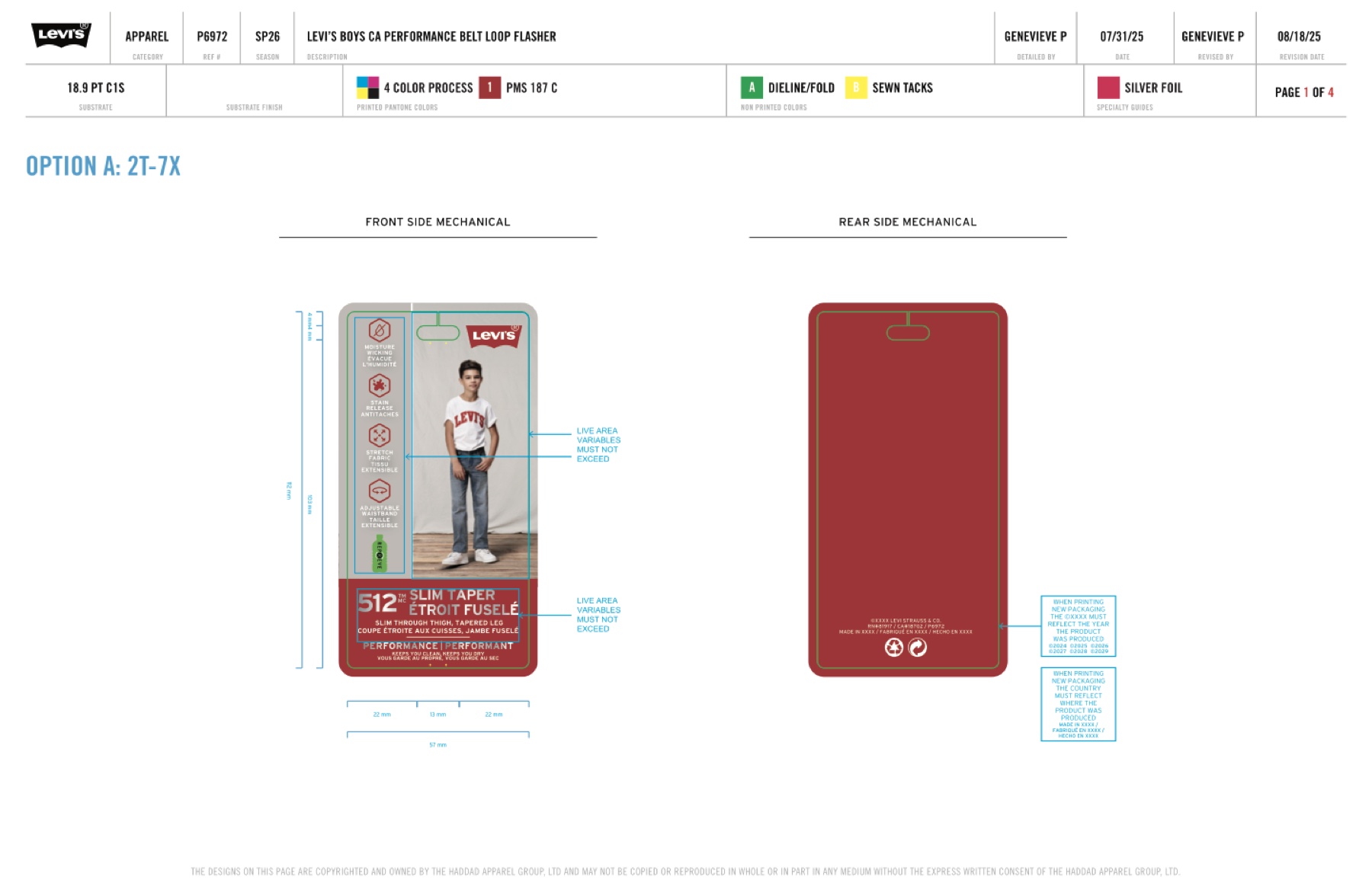 Levi's boys Canada belt loop flasher mechanical: front and rear dielines with live-area callouts and bilingual copy