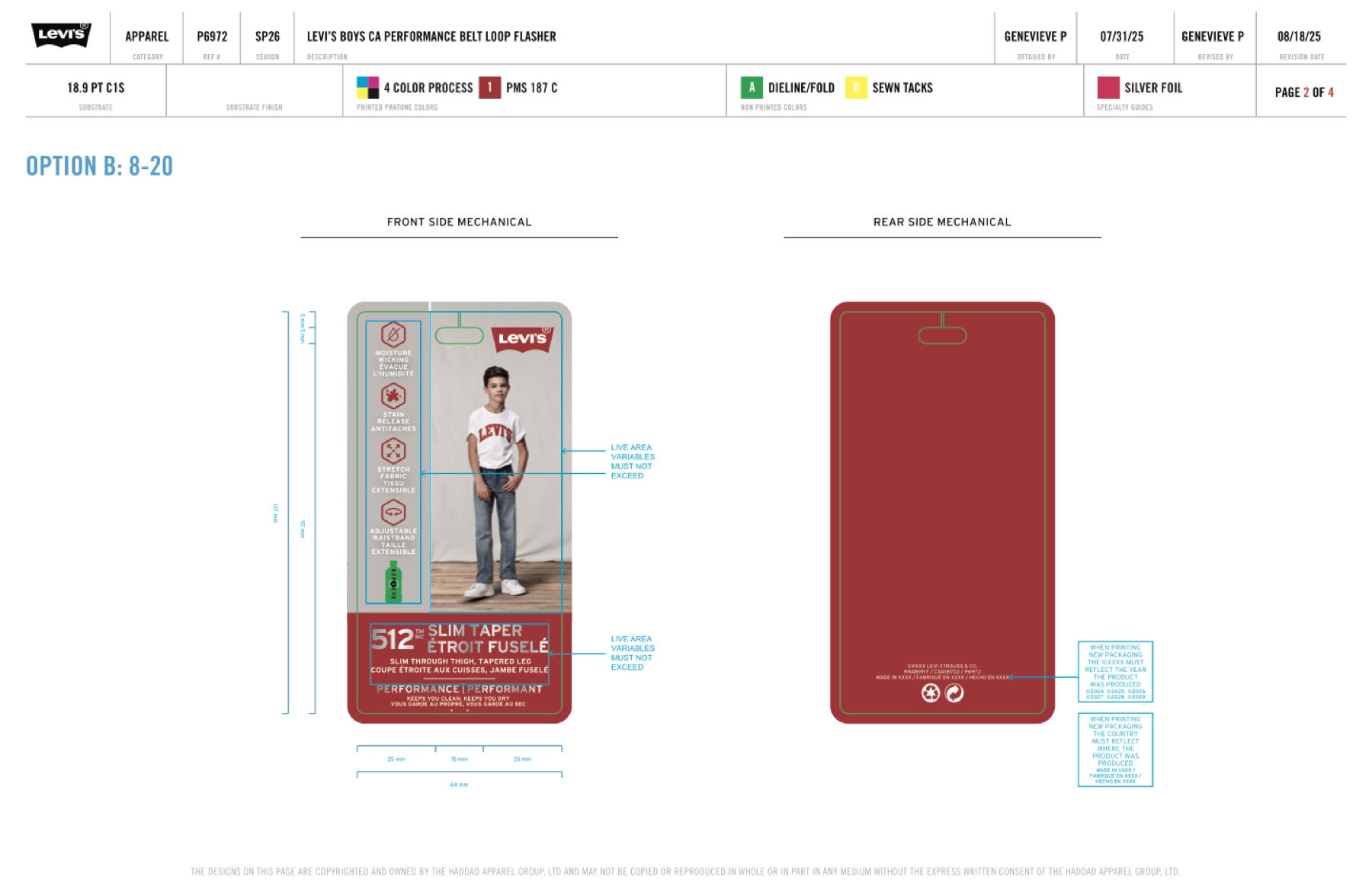 Mechanical page 2: Option B 8–20 front and rear with dimensions, live-area callouts and notes on the copyright-year and country-of-origin variables