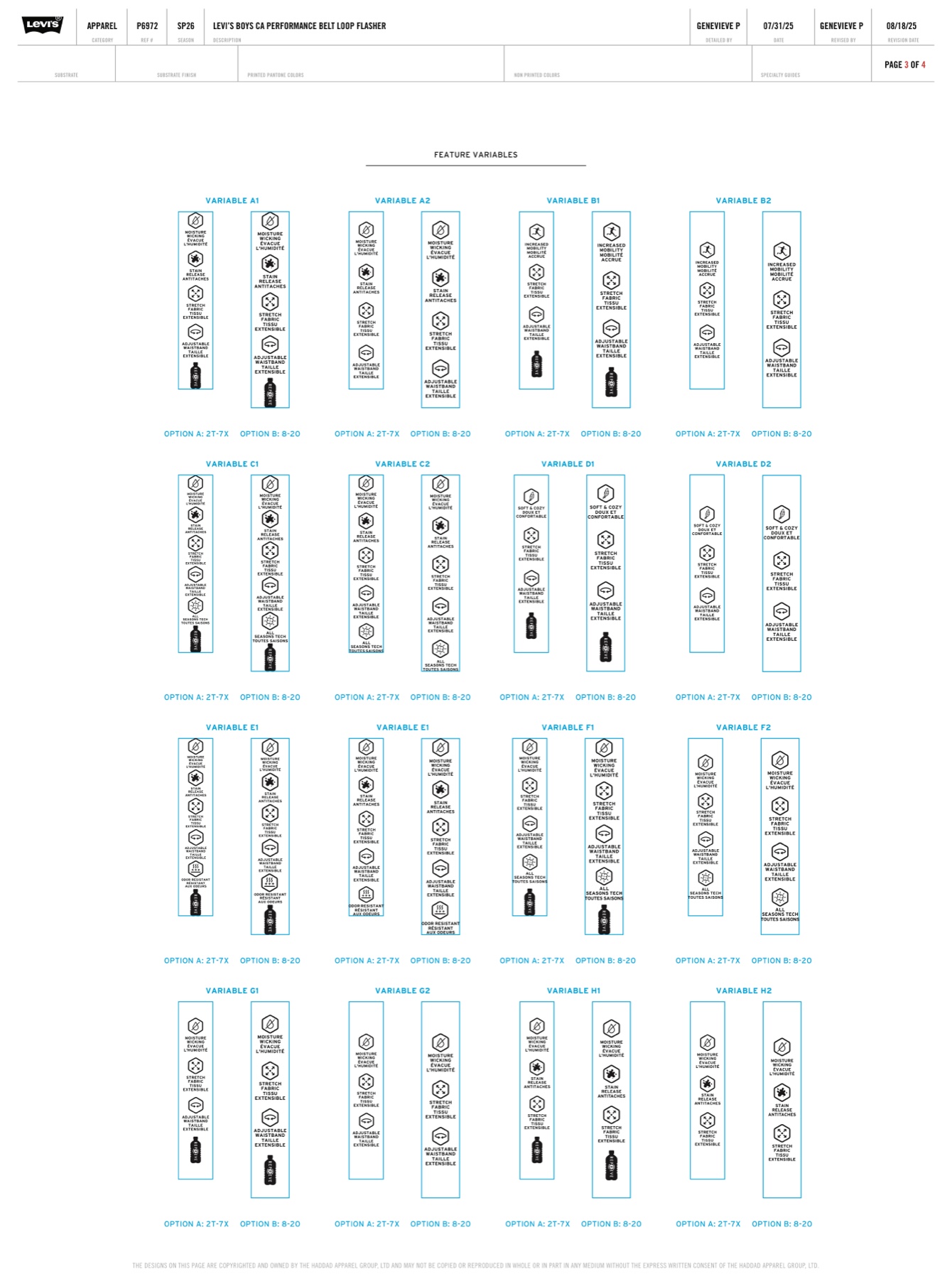 Feature variable matrix: sixteen icon combinations specced for both size options