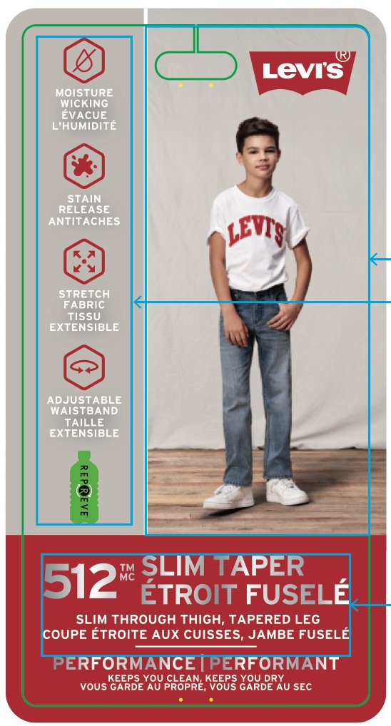 Levi's boys belt loop flasher, 2T–7X front: model in a Levi's tee and 512 jeans, bilingual feature icons, red 512 Slim Taper band