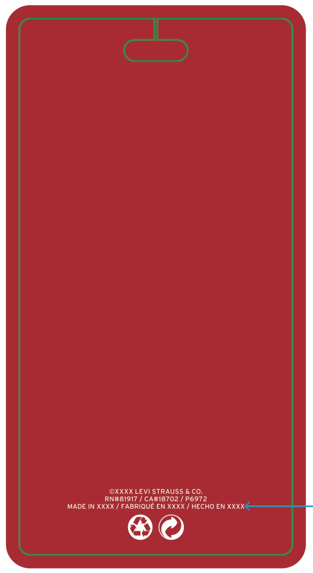 Levi's boys belt loop flasher rear: solid red with copyright, RN and CA numbers, country of origin and recycling marks