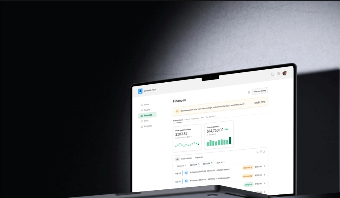 New Payments Experience Finances screen on a laptop