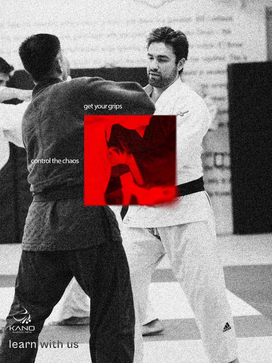 Get your grips, control the chaos: black-and-white judo poster with red grip detail