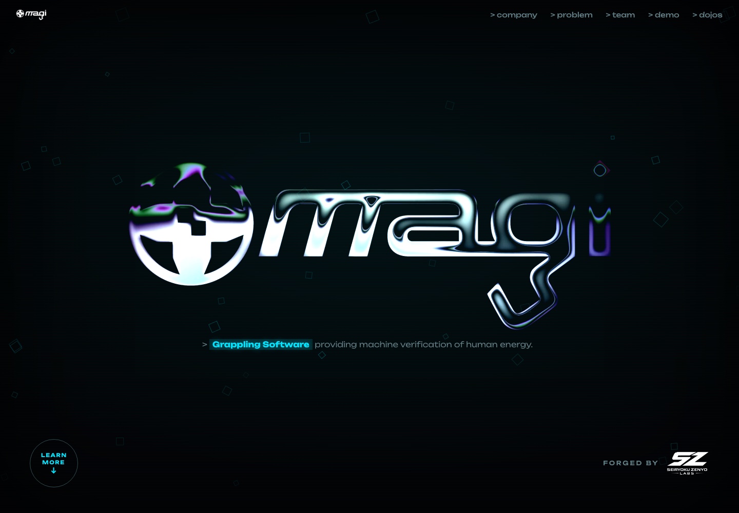 The magivision.io desktop homepage: chrome liquid-metal magi lockup on black with the tagline Grappling Software providing machine verification of human energy