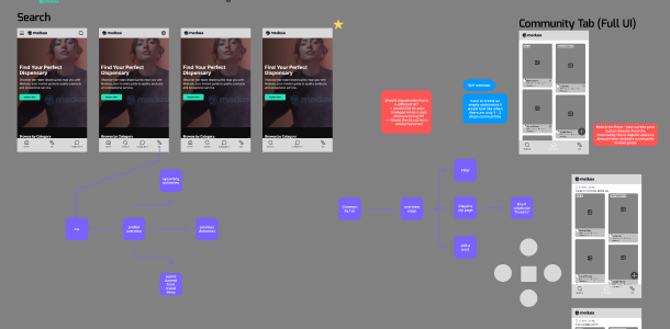 Low-fidelity flow diagram connecting search and community screens