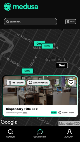 Medusa dispensary map with distance, hours and deal badges
