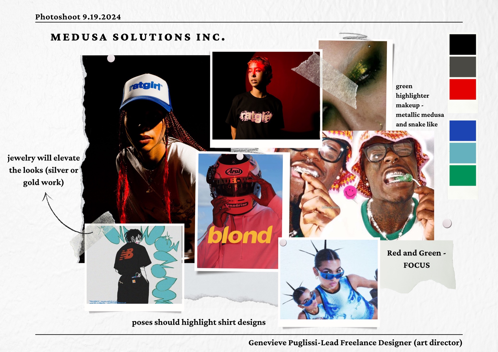 Photoshoot moodboard 9.19.2024: jewelry, red and green focus, poses that highlight shirt designs