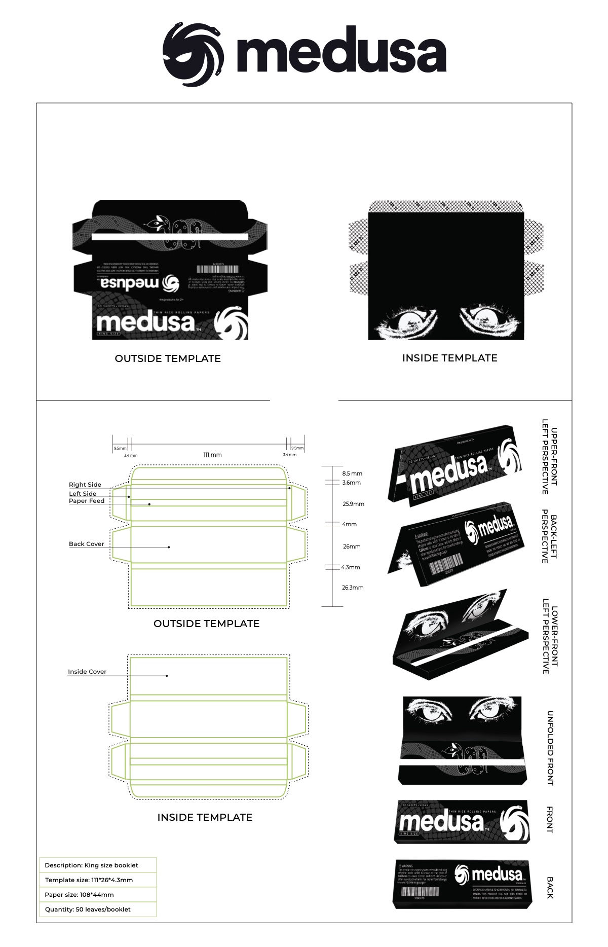 Medusa king size rolling papers packaging tech pack: outside and inside templates, dielines, perspectives