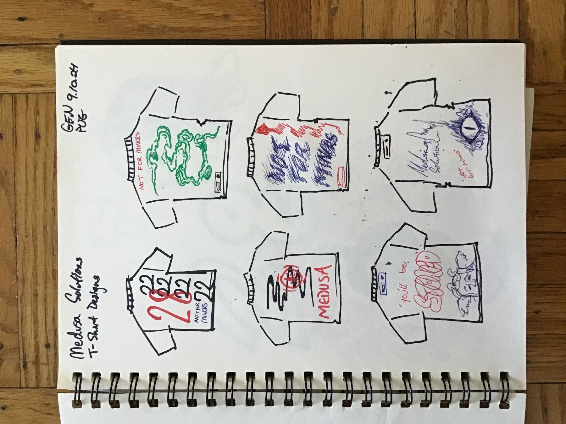 Sketchbook page of six Medusa t-shirt concepts