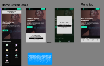 Low-fidelity home screen deals and menu tab explorations